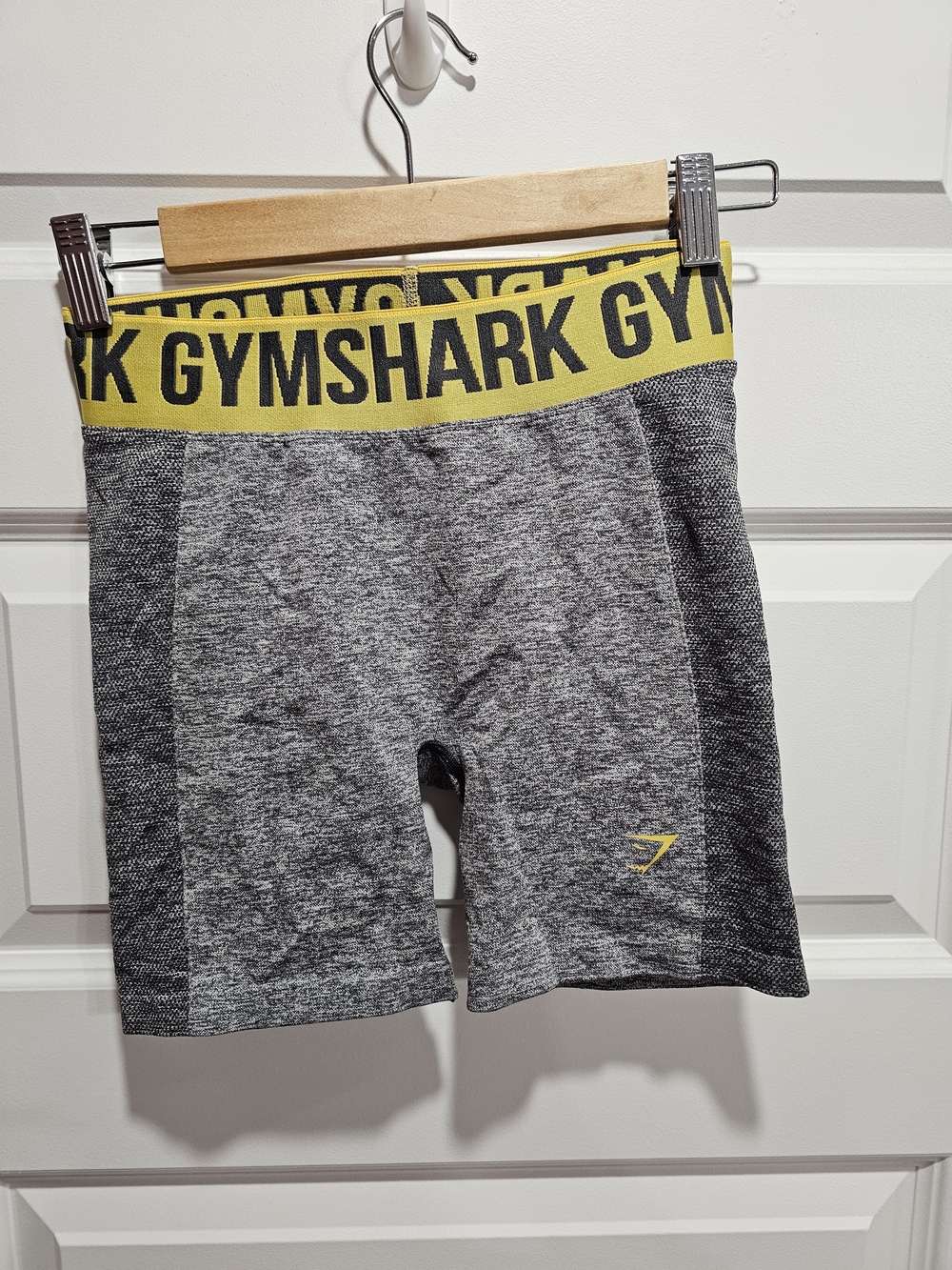 Gymshark Woman's Grey Seamless Training Shorts with Yellow Logo Waistband